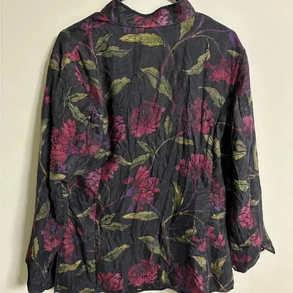 Chico’s Size 2 (Large) Silk Jacket Haori Black Floral Long Sleeves Beaded - Picture 2 of 9